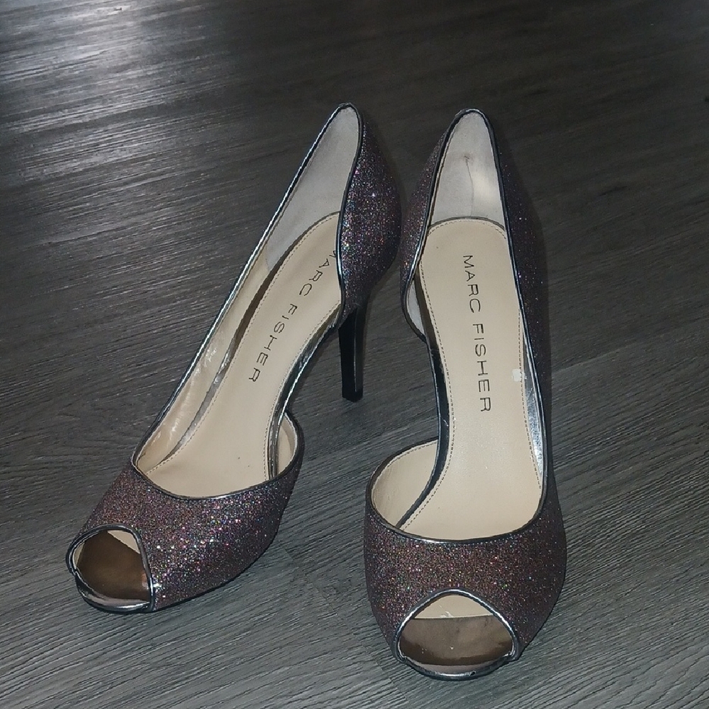 Marc Fisher Joey3 multicolor glitter open toe heels Sz 9 EUC worn once